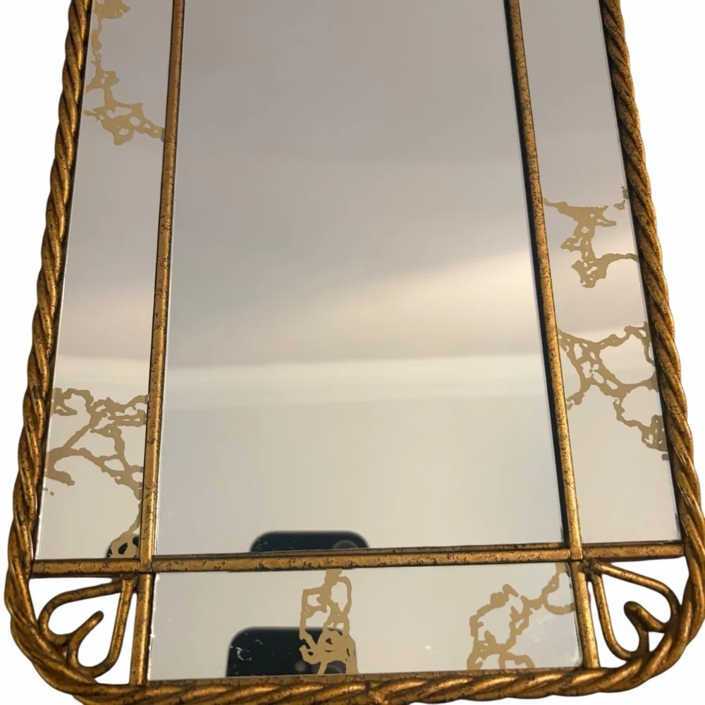 VINTAGE GOLD-TONE WALL MIRROR WITH ETCHED GLASS & ROPE FRAME — 15x8